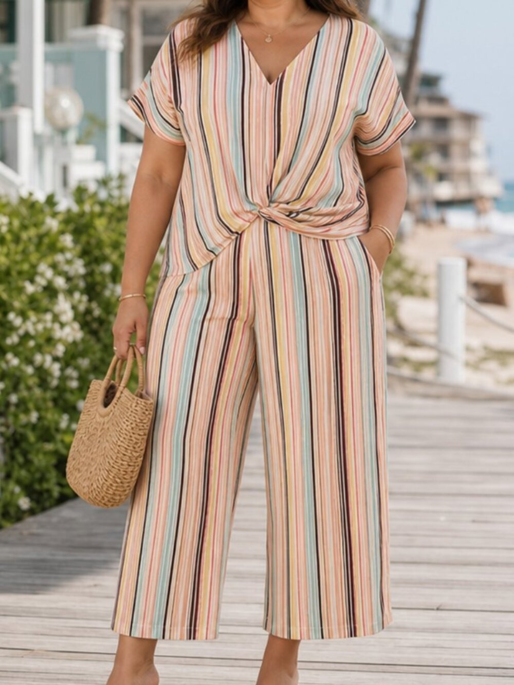 Love + Joy Colorful Striped V-Neck Top Cropped Wide leg pant Multicolor Set XL